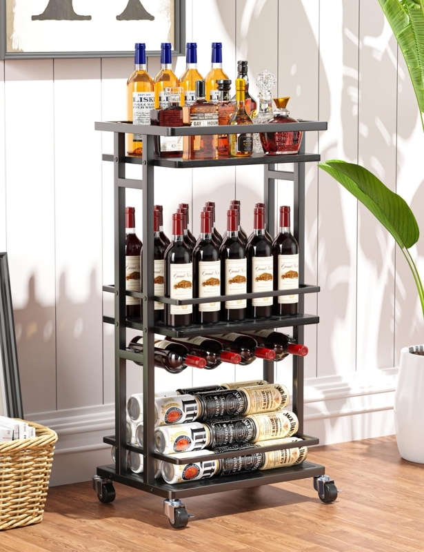 Industrial Bar Cart Mesh Cabinet Doors Rustic Brown Wine Rack