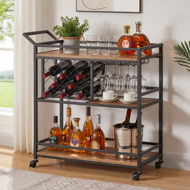 Industrial Bar Cart Rustic Oak Wine Rack Stemware Holders