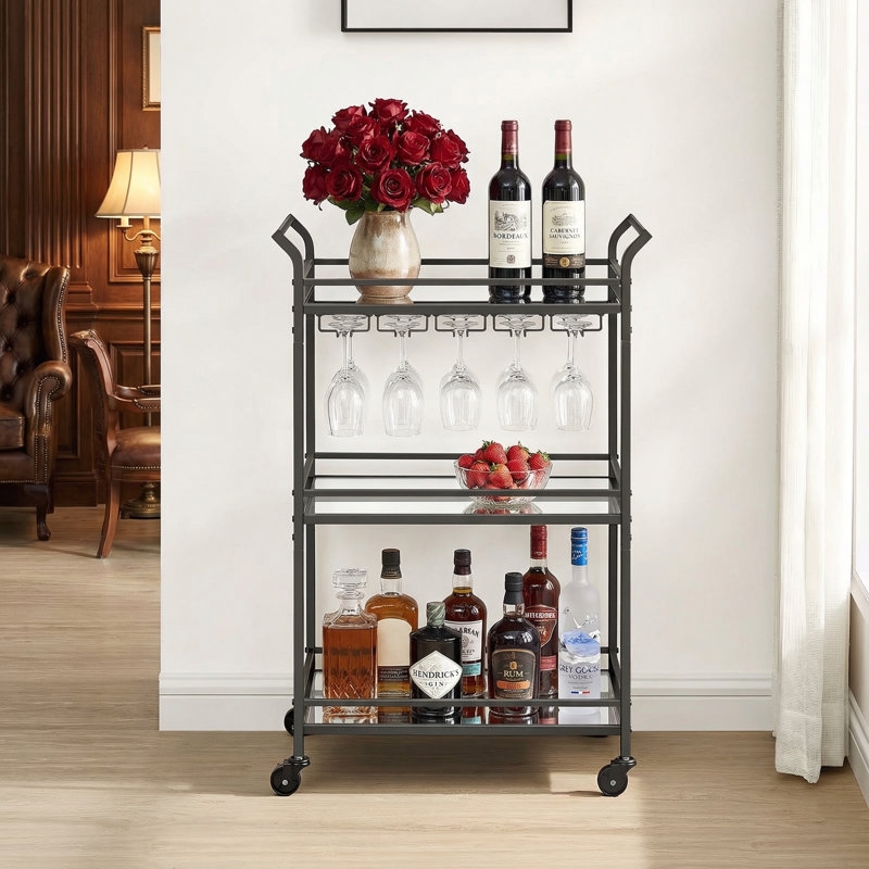 Industrial Bar Cart Three Tiers Wraparound Guardrails Wood Shelves