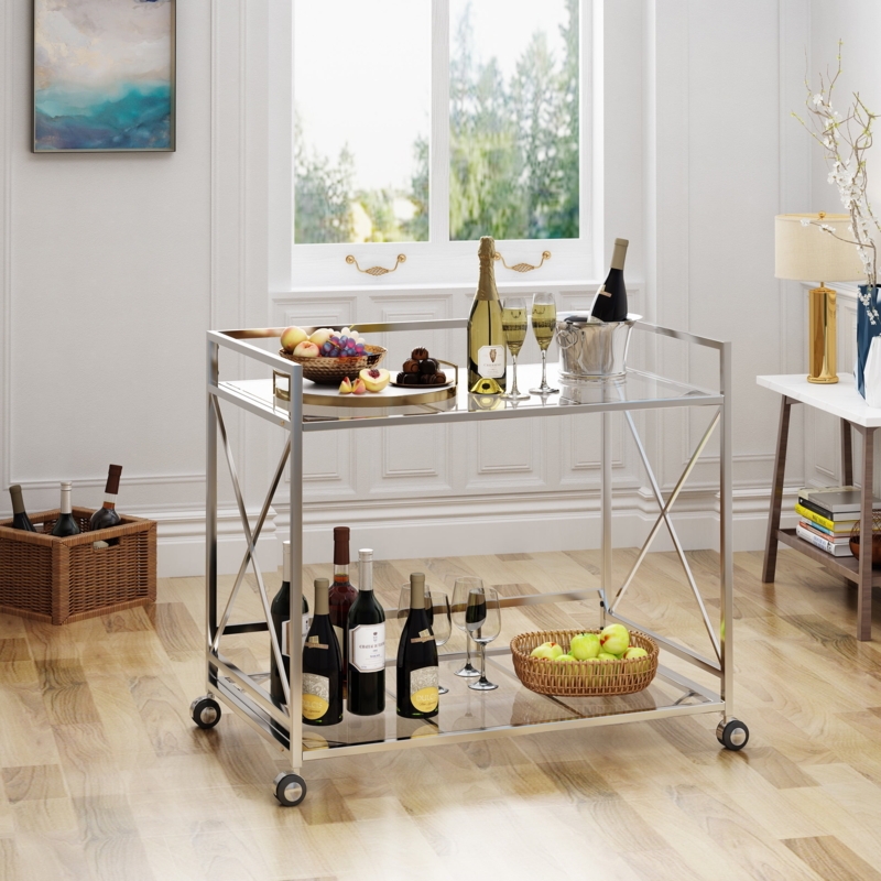 Industrial Bar Cart with Circular Side Accents and Glass