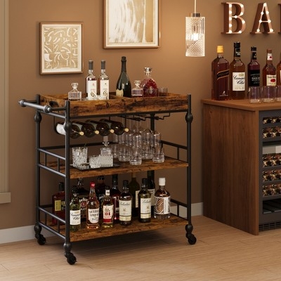 Industrial Bar Cart with Removable Tray, Mobile Home Bar Station