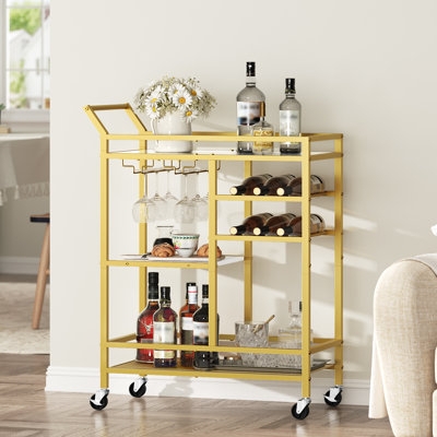 Industrial Bar Cart with Storage, Mirrored Top & Wood Shelves