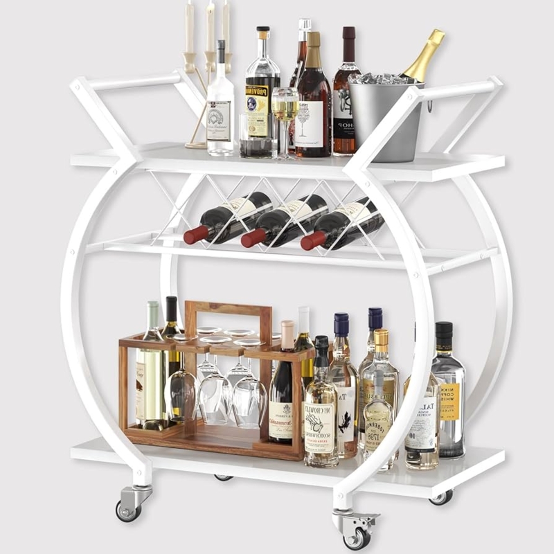 Industrial Bar Cart with X-Shaped Frame and Marble Pattern Shelves