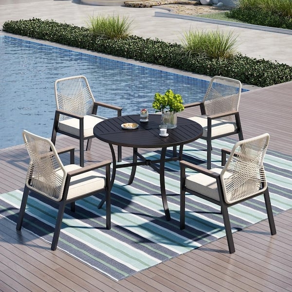 Industrial Black Metal Patio Set with Round Slatted Table & Rope Chairs