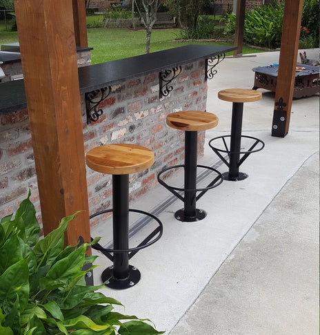 Industrial Bolt Down Bar Stool, Circular Footrest, Wood Toned Seat