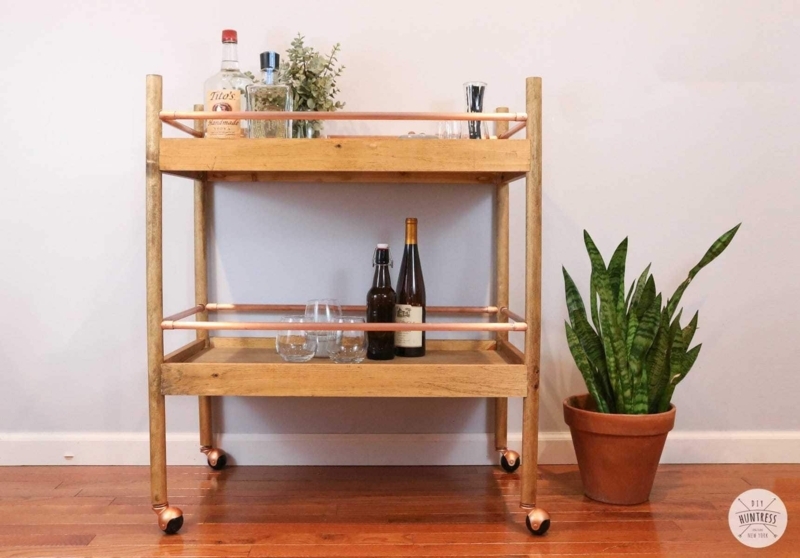 Industrial Chic Bar Cart with Copper Pipe Frame and Light Wood Shelves