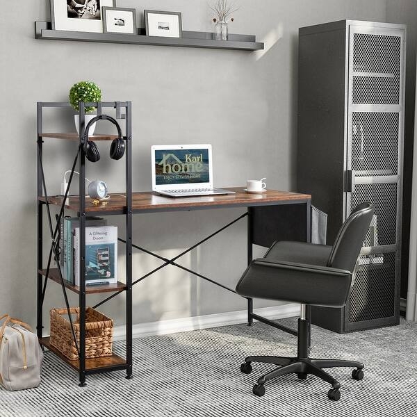 Industrial Computer Desk H-Shape Design Built-In Outlets Shelving