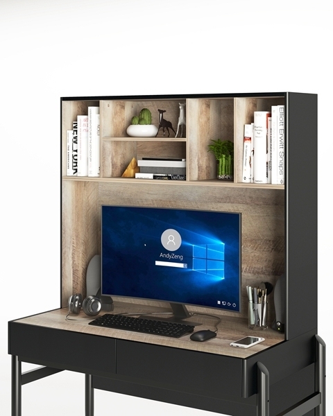 Industrial Computer Desk with Four-Tier Bookshelf and H-Shaped Legs