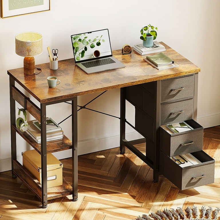 Industrial Computer Desk with Integrated Shelving and Fabric Drawers