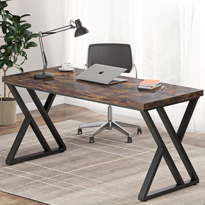 Industrial Computer Desk with K-Shaped Metal Legs and Rustic Brown Top