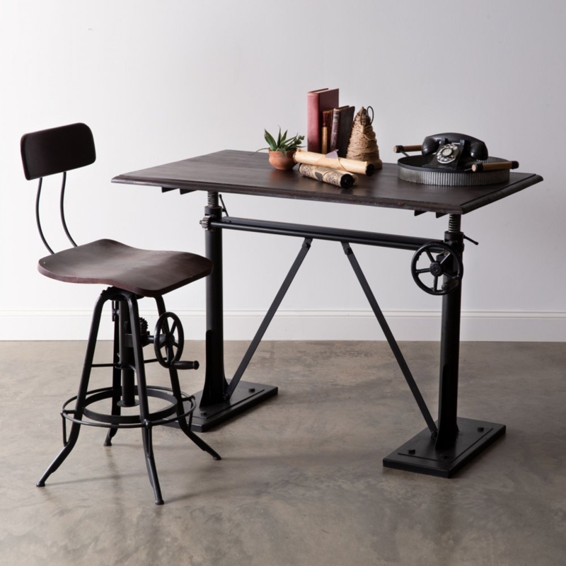 Industrial Crank Desk with Iron Base and Distressed Wood Top.