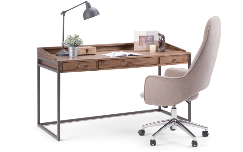 Industrial Desk Integrated Side Shelf Rustic Brown Metal X-Frame Legs