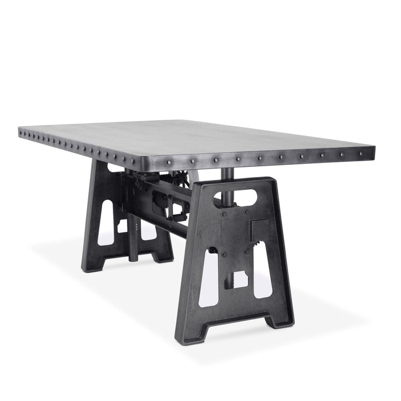 Industrial Desk with Crank Handle, Raw Steel Top, Heavy Iron Base