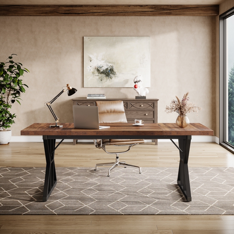 Industrial Desk with Metal Base, Wood Toned Top, Black Sawhorse Legs