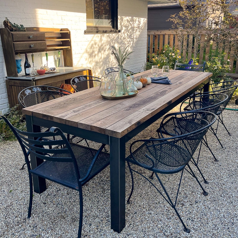 Industrial Dining Table with Thick Wood Plank Top and Metal X-Base