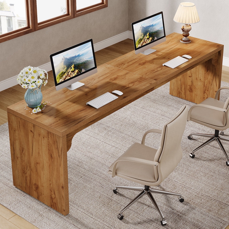 Industrial Double Desk with K-Shaped Legs and Integrated Side Shelves