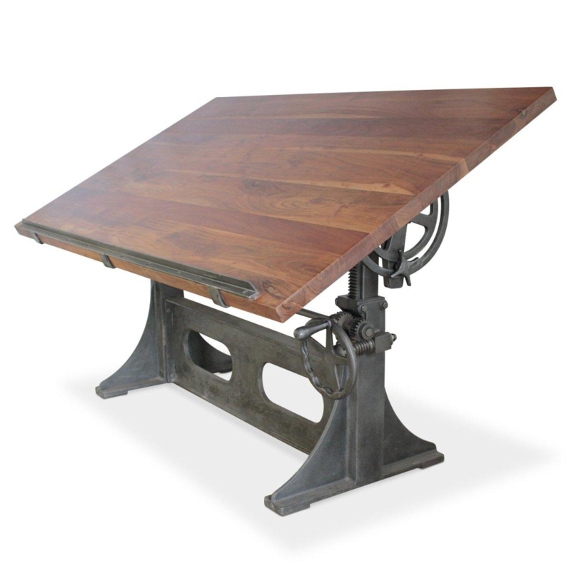 Industrial Drafting Table with Crank, Tilting Wood Top, Cast Iron Base