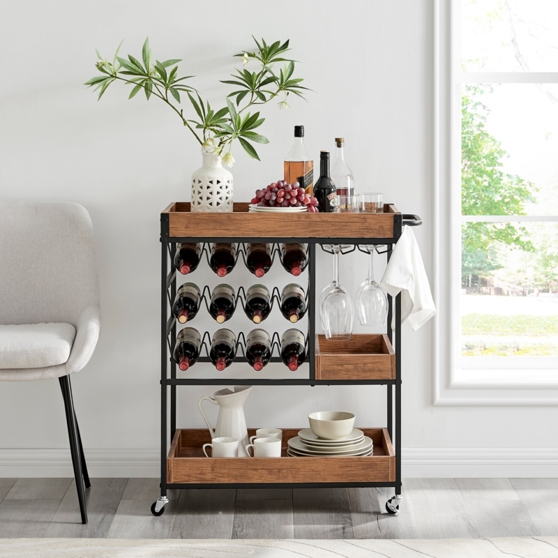 Industrial Farmhouse Bar Cart Walnut Wood Integrated Handle