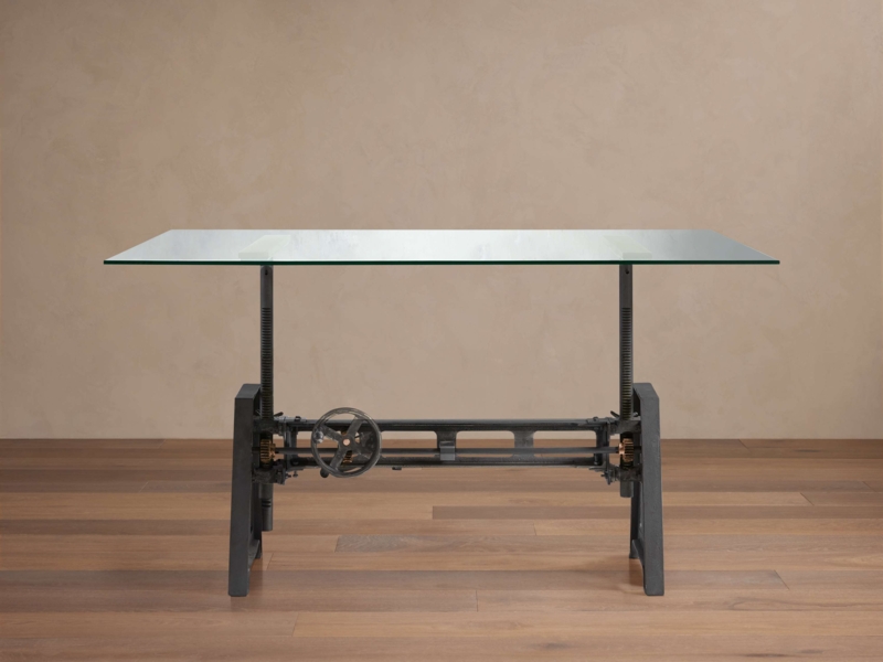 Industrial Glass Top Desk, Metal Base, Hand-Crank, Exposed Gears