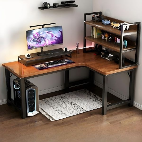 Industrial L-Shaped Desk featuring Integrated Hutch and H-Shape Base