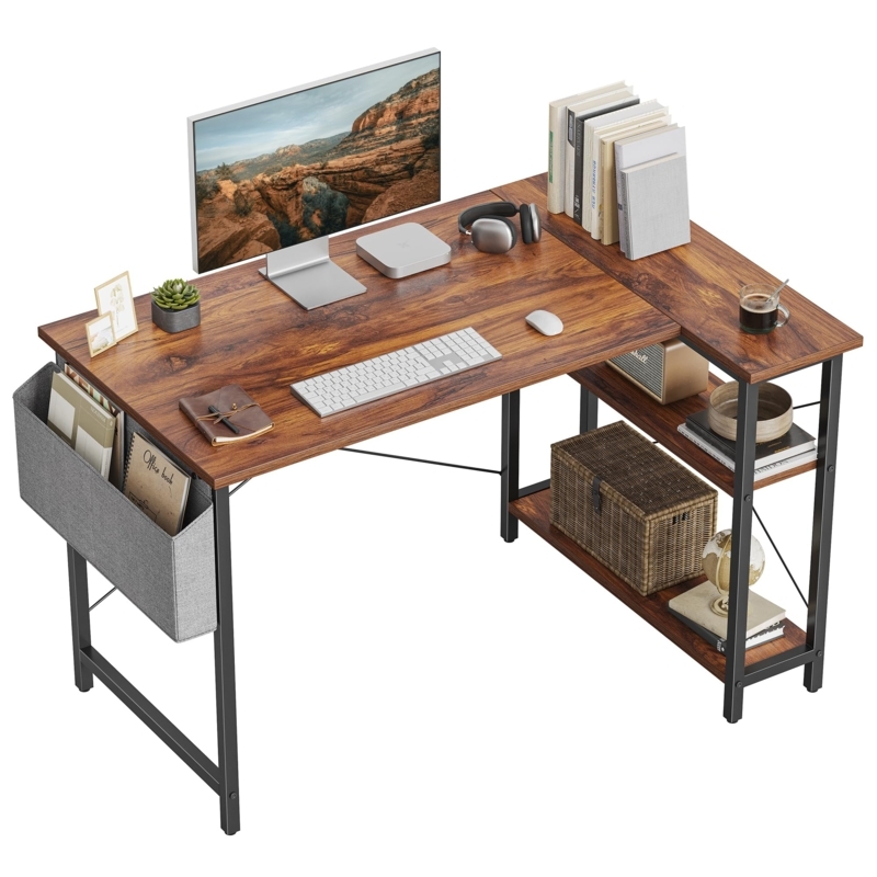 Industrial L-Shaped Desk in Dark Brown with X-Brace Shelving Unit