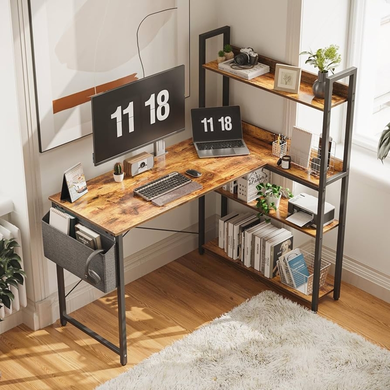 Industrial L-Shaped Desk with Open-Back Bookshelf & Black Metal Frame.