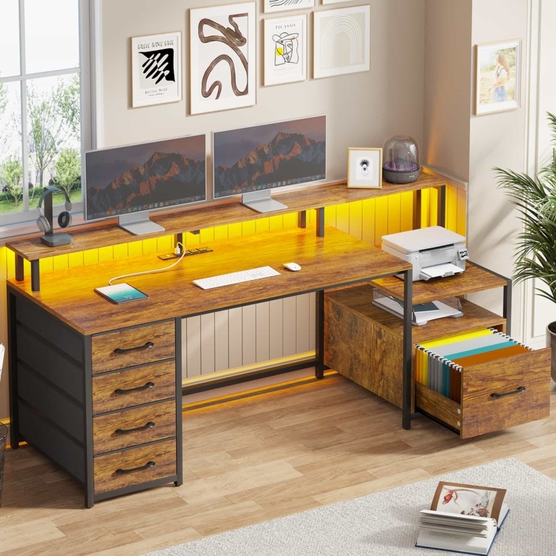 Industrial L-Shaped Gaming Desk with Printer Cabinet and Cyan LED