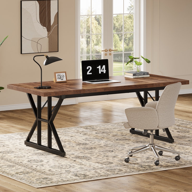 Industrial Metal Base Computer Desk, Wood Top, Black X-Frame Legs