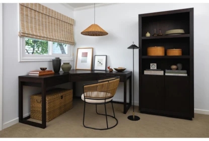 Industrial Modern L-Shaped Desk with Three Drawers and Open Shelving