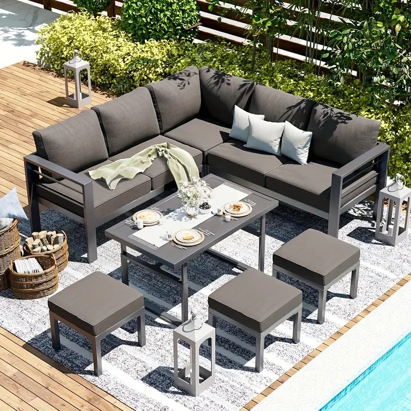 Industrial Outdoor Conversation Set with Wood Capped Arms and Slat Table