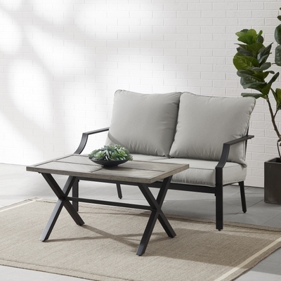 Industrial Patio Conversation Set: X-Frame Sides, Slatted Metal Table