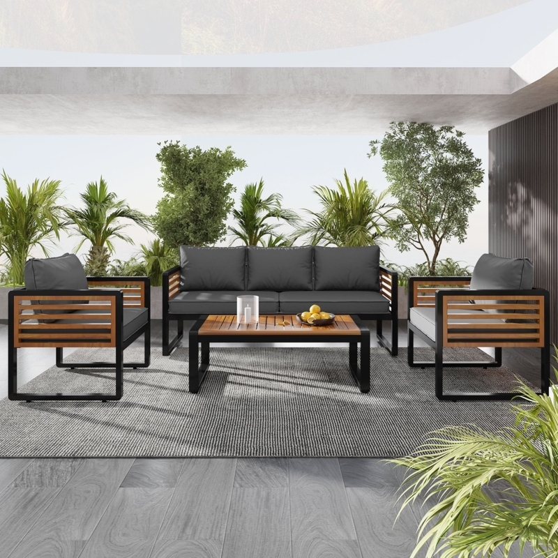 Industrial Patio Furniture Set Wood Accent Arms Black Metal Frame Gray
