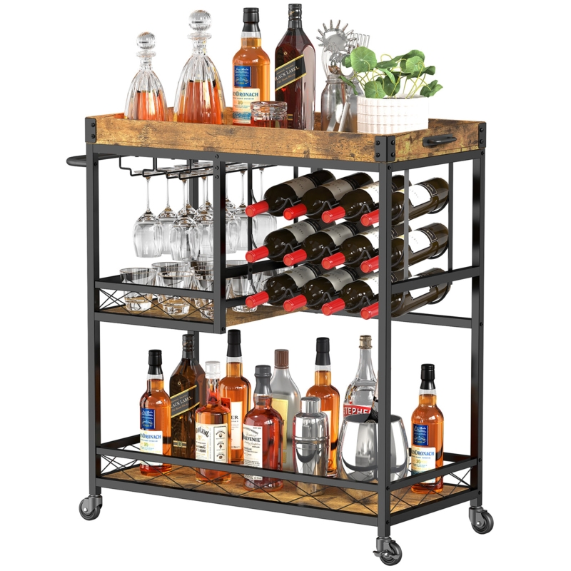 Industrial Rolling Bar Cart Black Metal Wood Toned Handle Bars