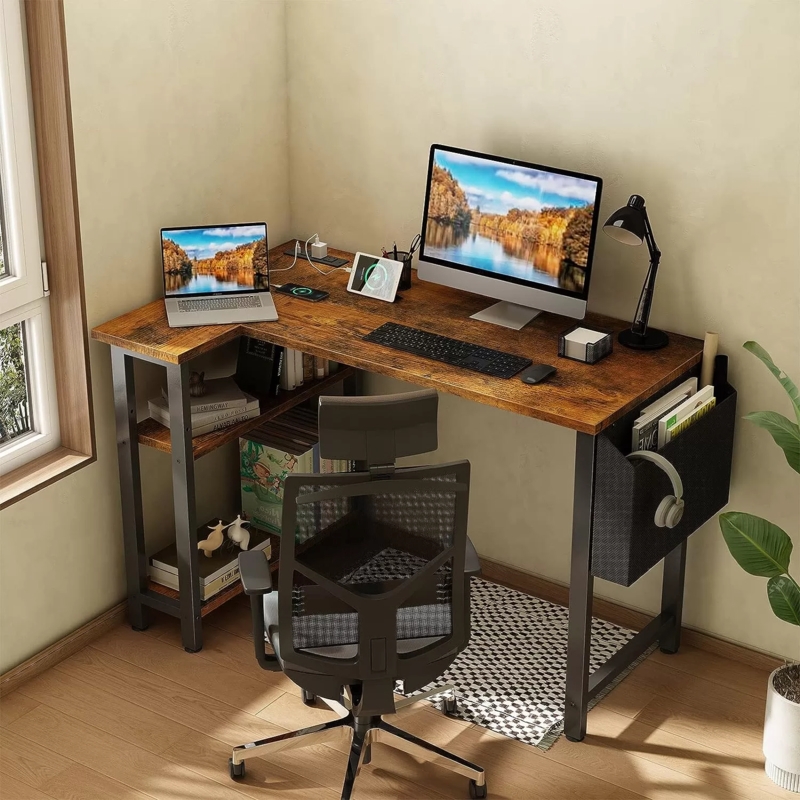 Industrial Rustic L-Shaped Desk with Power Outlet and Metal Frame