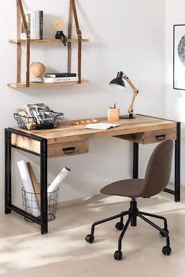 Industrial Side Table Desk with C-Shaped Frame and Basket