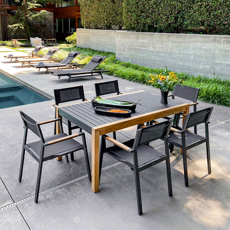Industrial Style Outdoor Dining Table Wood Slat Top Sled Base