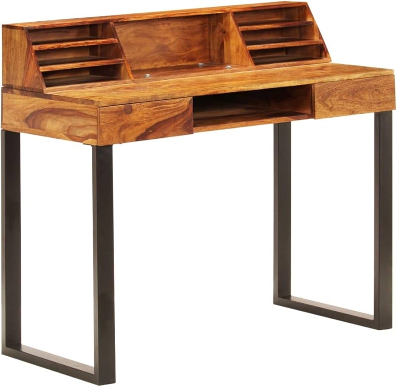 Industrial Tiered Writing Desk Open Storage Cubbies Black Metal Frame
