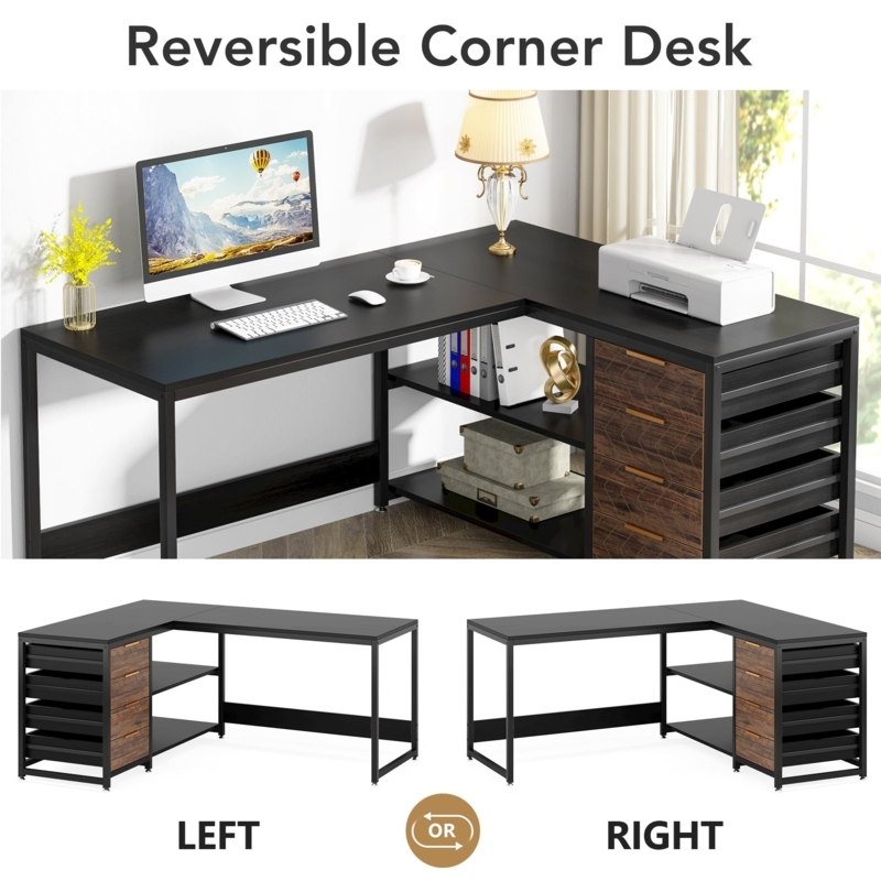 Industrial Walnut L-Shaped Desk with Integrated Drawers and Shelves