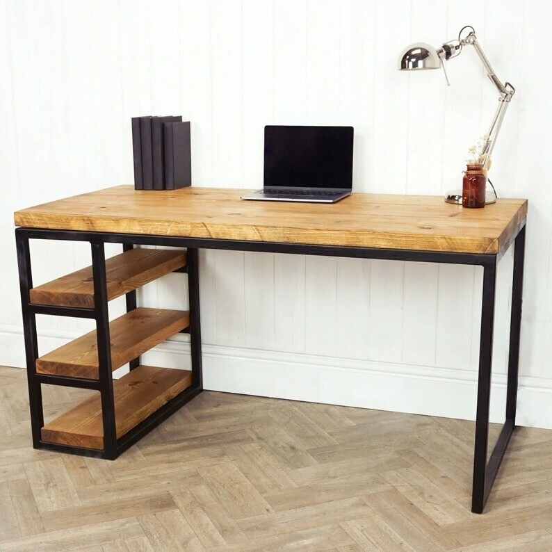 Industrial Welded Box Steel Desk with Reclaimed Timber Top and Side Storage  | eBay