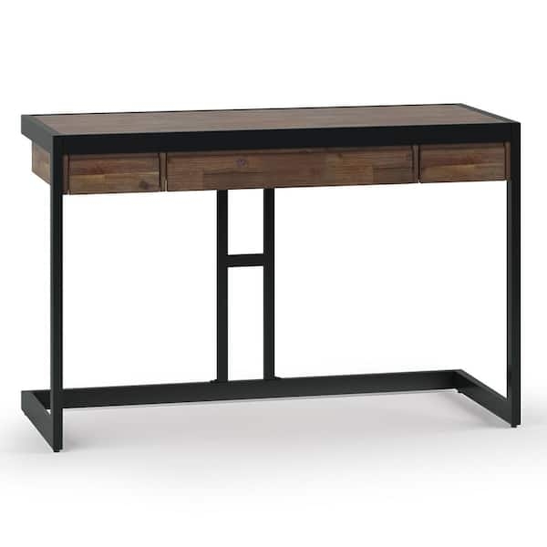 Industrial Wood Writing Desk X-Brace Back Square Metal Legs Two Drawers