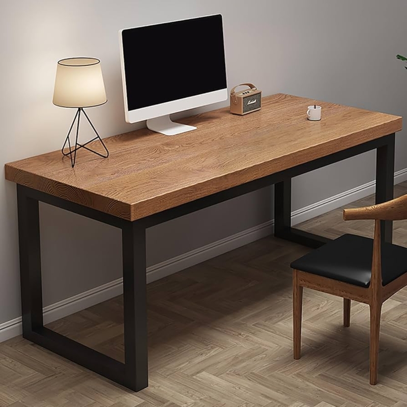 Industrial Writing Desk featuring Thick Wood Top and Black H-Shaped Legs