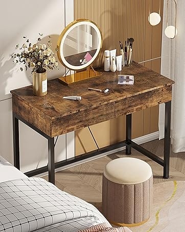 Industrial Writing Desk Grey Oak Finish Metal Legs Two Drawers