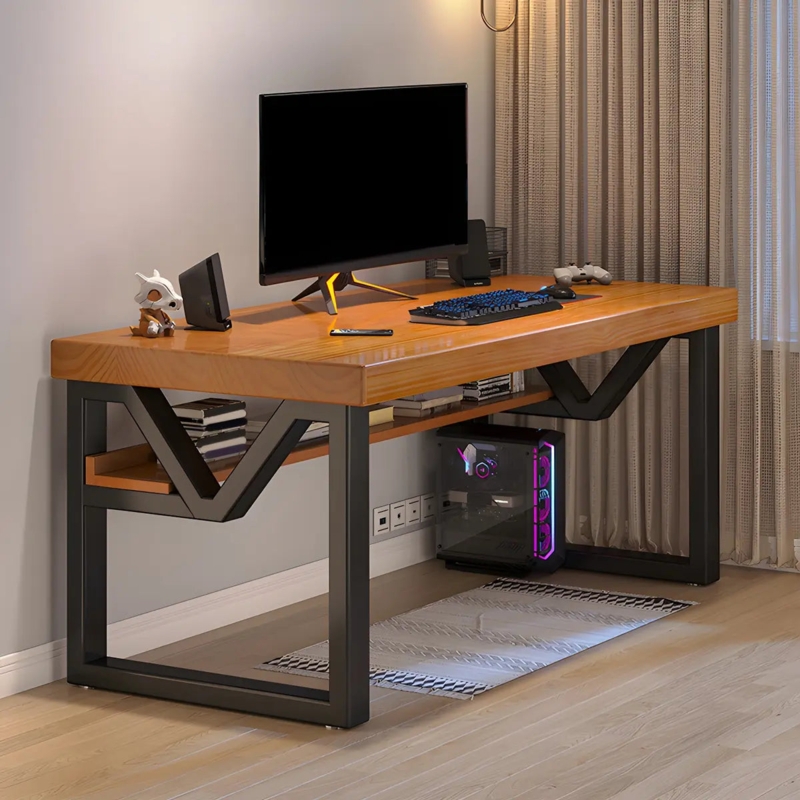 Industrial Writing Desk Sled Base Integrated Side Shelf Natural Wood Top