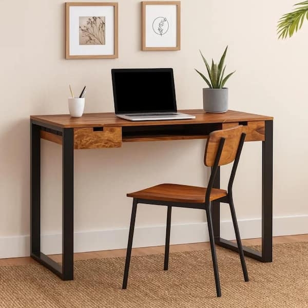 Industrial Writing Desk Two Drawers Black Steel Sled Base Wood Grain