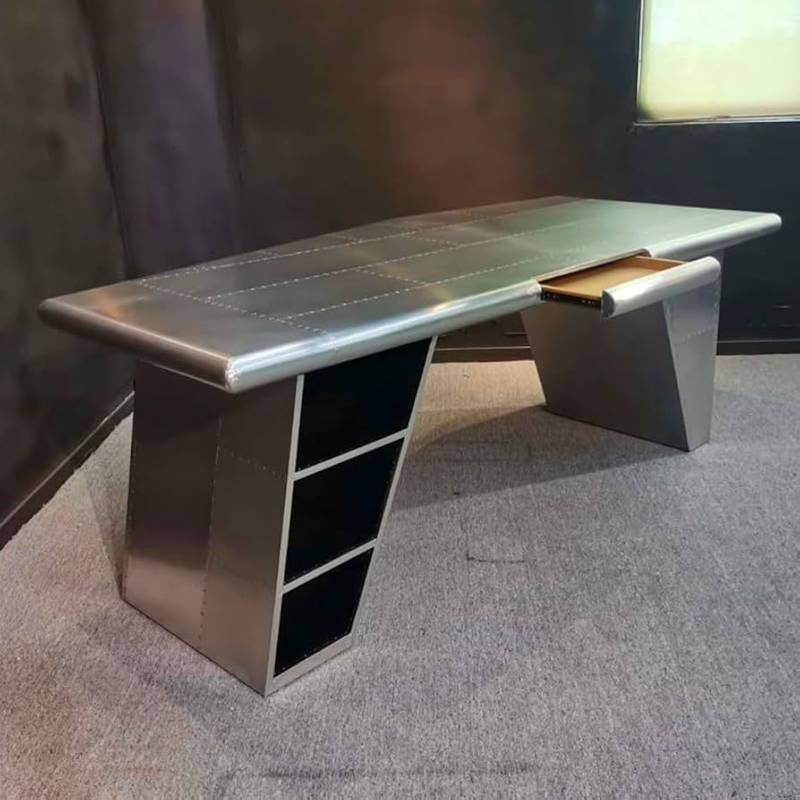 Industrial Writing Desk with Aircraft Wing Shape and Riveted Aluminum