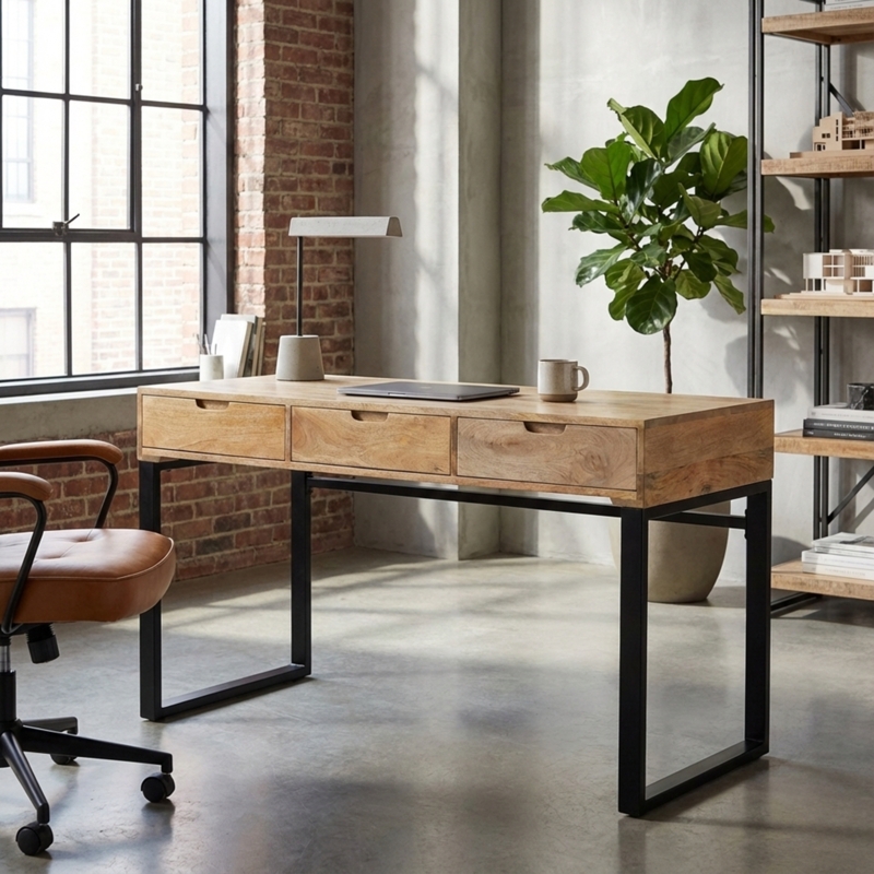 Industrial Writing Desk with Live Edge Wood Top
