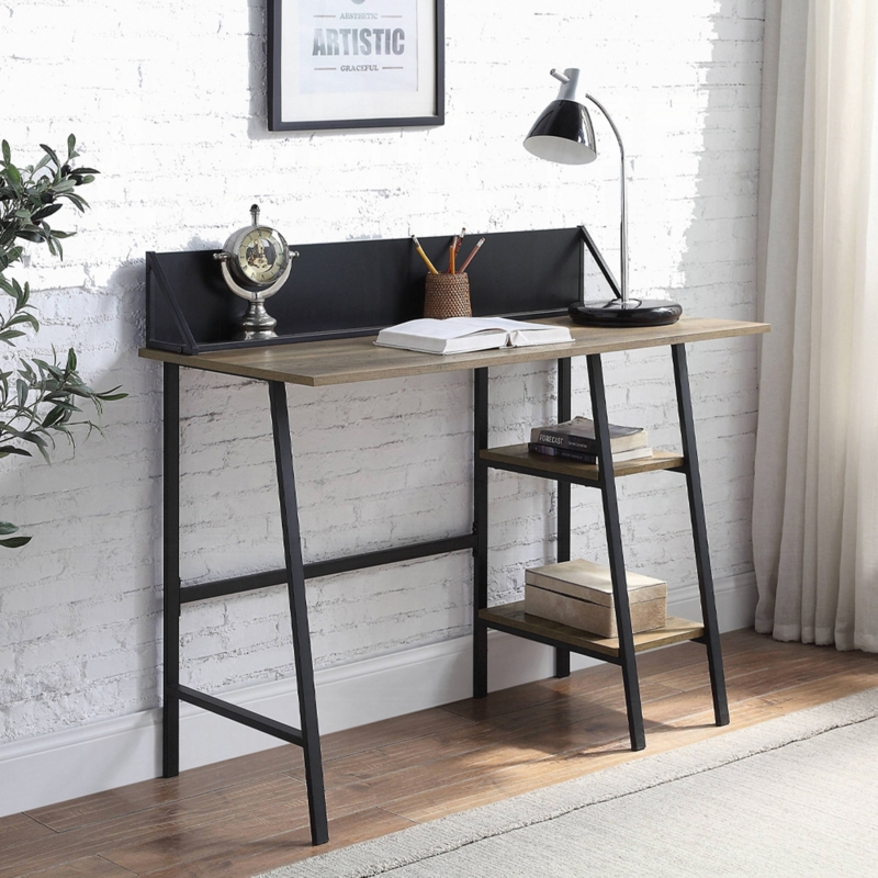 Industrial Writing Desk with Rustic Oak Finish and 2-Shelf H-Shaped Base