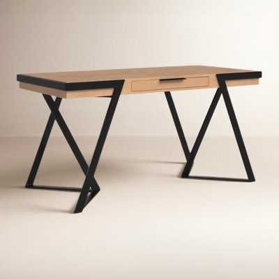 Industrial Writing Desk with Wood Top and Black Metal Trestle Base