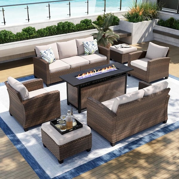 Integrated Fire Pit Patio Furniture Set with Modular Wicker Seating