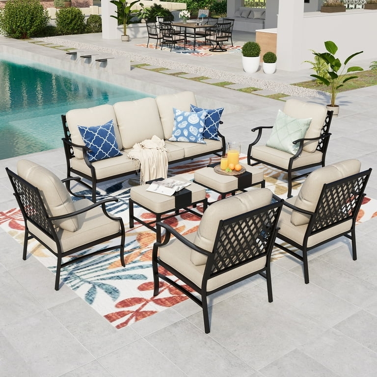Integrated Fire Pit Table Patio Furniture Set Woven Metal Mix Frames